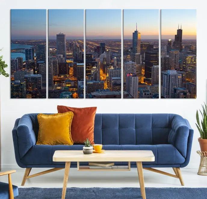 A triptych of the Chicago city skyline at night graces the wall, featuring museum-quality canvases with UV-protective coating.