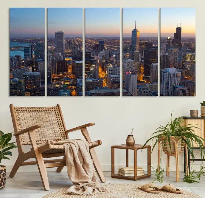 A triptych of the Chicago city skyline at night graces the wall, featuring museum-quality canvases with UV-protective coating.