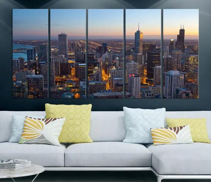 A triptych of the Chicago city skyline at night graces the wall, featuring museum-quality canvases with UV-protective coating.