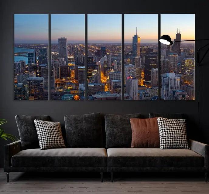 A triptych of the Chicago city skyline at night graces the wall, featuring museum-quality canvases with UV-protective coating.