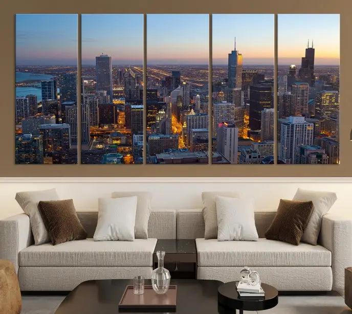 A triptych of the Chicago city skyline at night graces the wall, featuring museum-quality canvases with UV-protective coating.