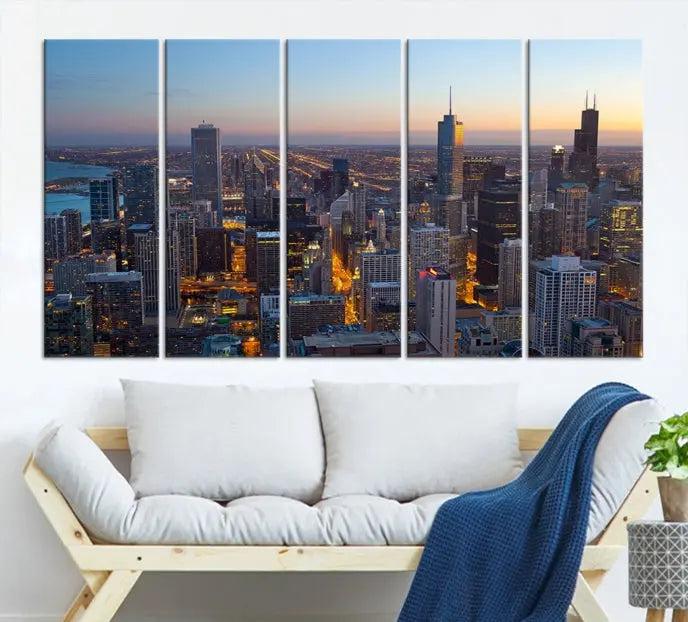 A triptych of the Chicago city skyline at night graces the wall, featuring museum-quality canvases with UV-protective coating.