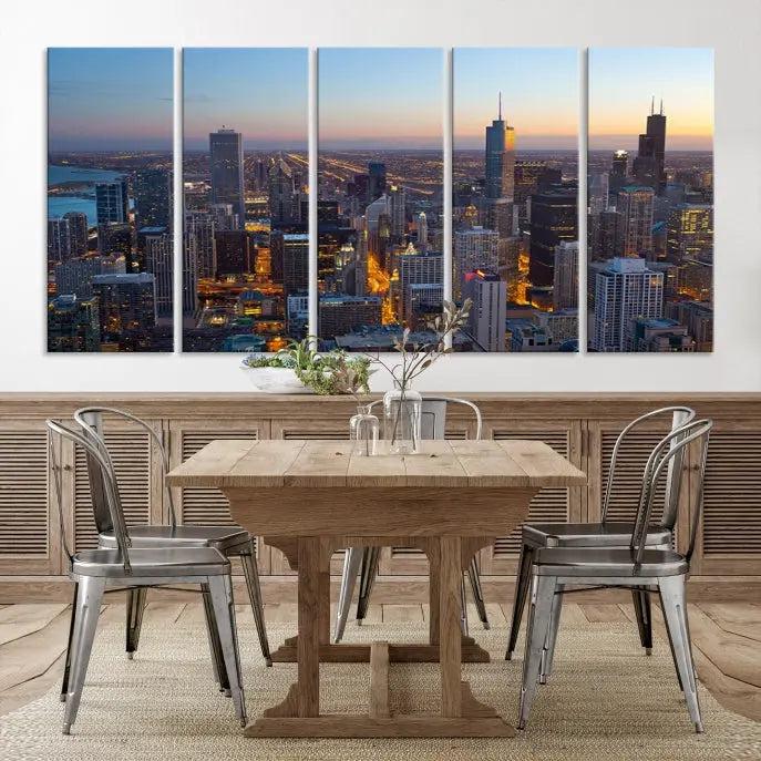 A triptych of the Chicago city skyline at night graces the wall, featuring museum-quality canvases with UV-protective coating.