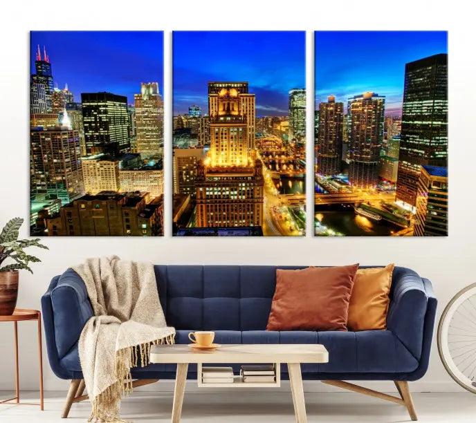 The "Chicago Wall Art Canvas Print Chicago City Night Canvas Print," a triptych showcasing a vibrant city skyline at night, adorns the wall. Crafted on museum-quality canvas, this piece is ready to hang and features a UV-protective coating for lasting brilliance.