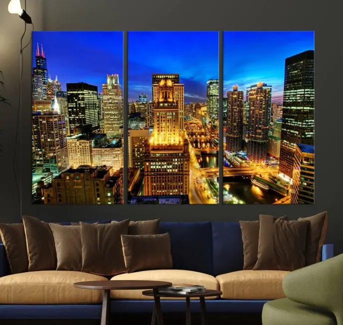 The "Chicago Wall Art Canvas Print Chicago City Night Canvas Print," a triptych showcasing a vibrant city skyline at night, adorns the wall. Crafted on museum-quality canvas, this piece is ready to hang and features a UV-protective coating for lasting brilliance.