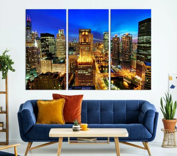 The "Chicago Wall Art Canvas Print Chicago City Night Canvas Print," a triptych showcasing a vibrant city skyline at night, adorns the wall. Crafted on museum-quality canvas, this piece is ready to hang and features a UV-protective coating for lasting brilliance.