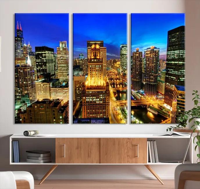 The "Chicago Wall Art Canvas Print Chicago City Night Canvas Print," a triptych showcasing a vibrant city skyline at night, adorns the wall. Crafted on museum-quality canvas, this piece is ready to hang and features a UV-protective coating for lasting brilliance.