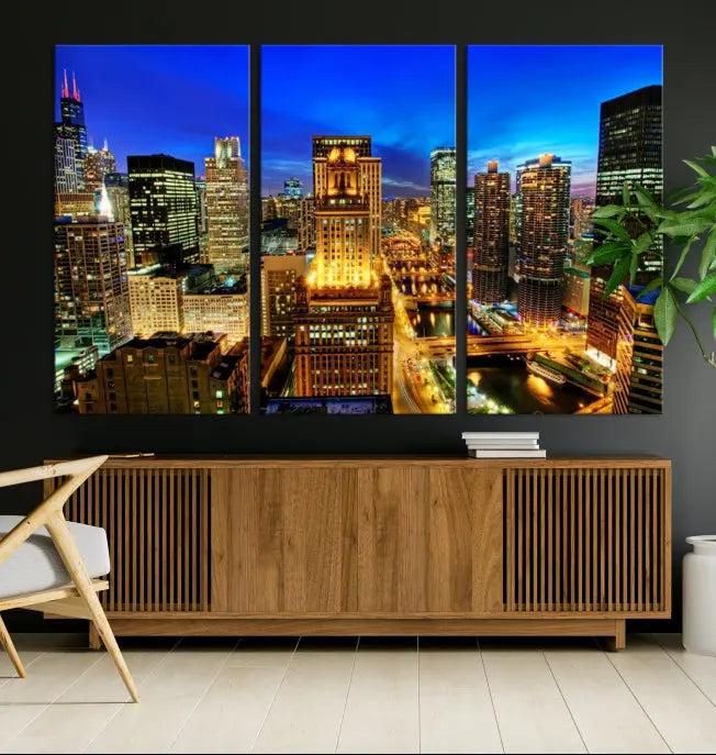 The "Chicago Wall Art Canvas Print Chicago City Night Canvas Print," a triptych showcasing a vibrant city skyline at night, adorns the wall. Crafted on museum-quality canvas, this piece is ready to hang and features a UV-protective coating for lasting brilliance.