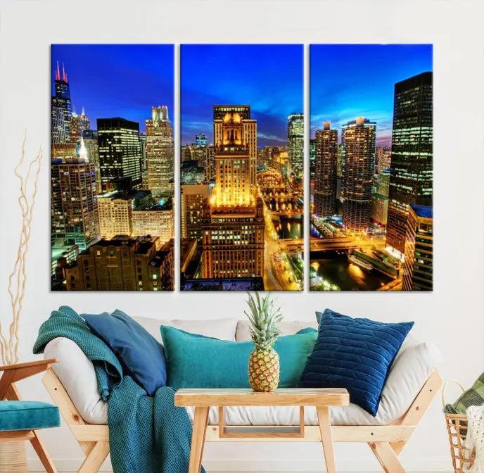 The "Chicago Wall Art Canvas Print Chicago City Night Canvas Print," a triptych showcasing a vibrant city skyline at night, adorns the wall. Crafted on museum-quality canvas, this piece is ready to hang and features a UV-protective coating for lasting brilliance.