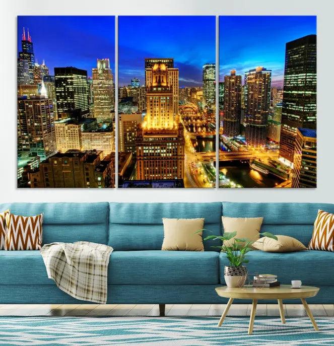 The "Chicago Wall Art Canvas Print Chicago City Night Canvas Print," a triptych showcasing a vibrant city skyline at night, adorns the wall. Crafted on museum-quality canvas, this piece is ready to hang and features a UV-protective coating for lasting brilliance.