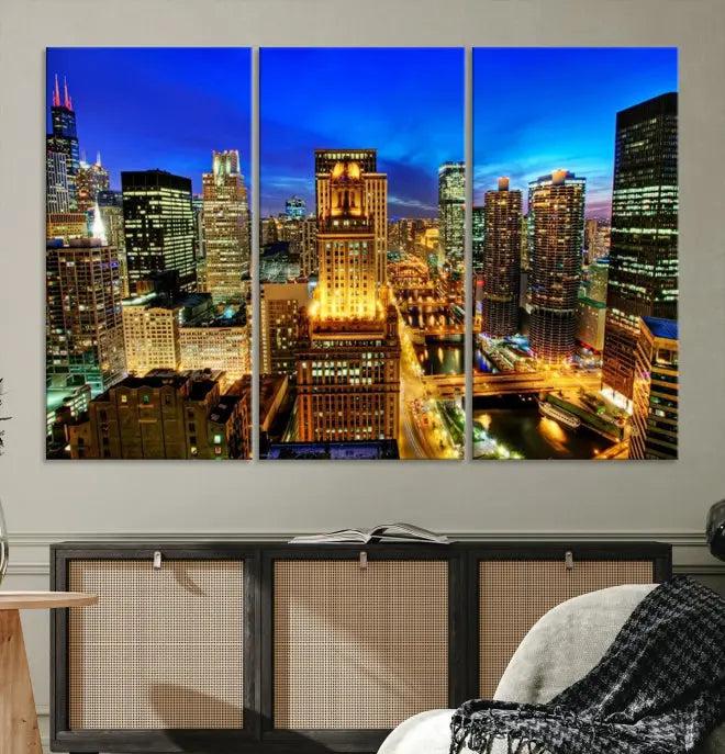 The "Chicago Wall Art Canvas Print Chicago City Night Canvas Print," a triptych showcasing a vibrant city skyline at night, adorns the wall. Crafted on museum-quality canvas, this piece is ready to hang and features a UV-protective coating for lasting brilliance.