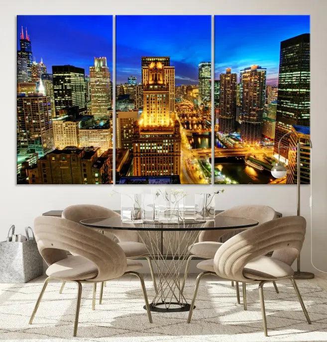 The "Chicago Wall Art Canvas Print Chicago City Night Canvas Print," a triptych showcasing a vibrant city skyline at night, adorns the wall. Crafted on museum-quality canvas, this piece is ready to hang and features a UV-protective coating for lasting brilliance.