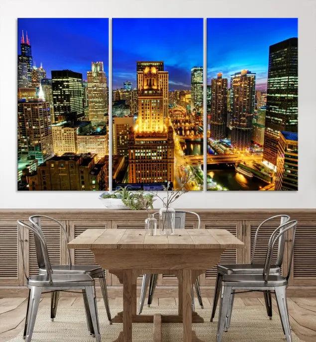 The "Chicago Wall Art Canvas Print Chicago City Night Canvas Print," a triptych showcasing a vibrant city skyline at night, adorns the wall. Crafted on museum-quality canvas, this piece is ready to hang and features a UV-protective coating for lasting brilliance.