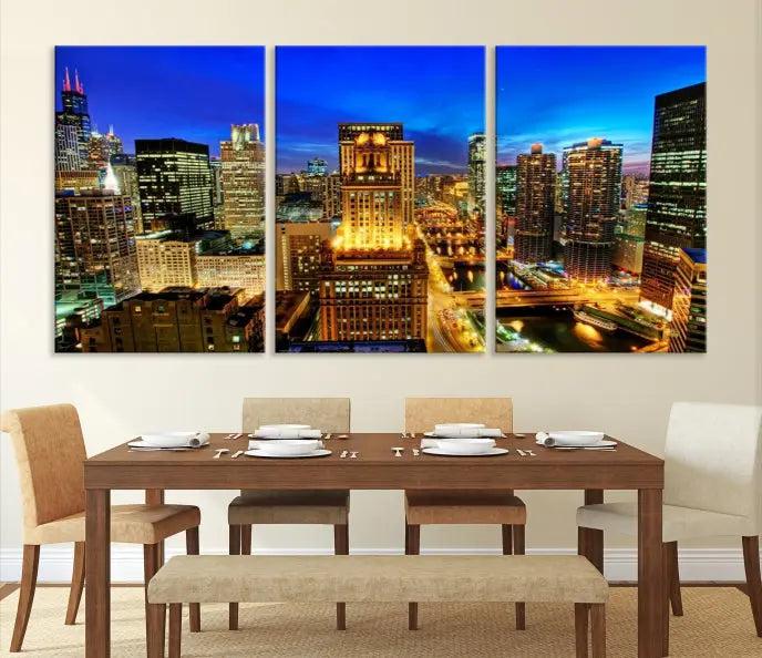 The "Chicago Wall Art Canvas Print Chicago City Night Canvas Print," a triptych showcasing a vibrant city skyline at night, adorns the wall. Crafted on museum-quality canvas, this piece is ready to hang and features a UV-protective coating for lasting brilliance.