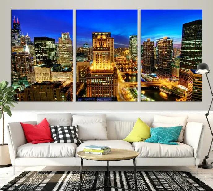 The "Chicago Wall Art Canvas Print Chicago City Night Canvas Print," a triptych showcasing a vibrant city skyline at night, adorns the wall. Crafted on museum-quality canvas, this piece is ready to hang and features a UV-protective coating for lasting brilliance.