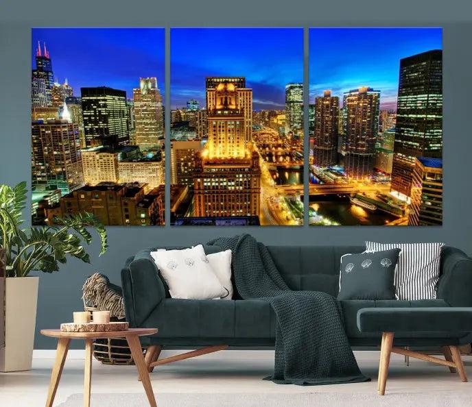 The "Chicago Wall Art Canvas Print Chicago City Night Canvas Print," a triptych showcasing a vibrant city skyline at night, adorns the wall. Crafted on museum-quality canvas, this piece is ready to hang and features a UV-protective coating for lasting brilliance.