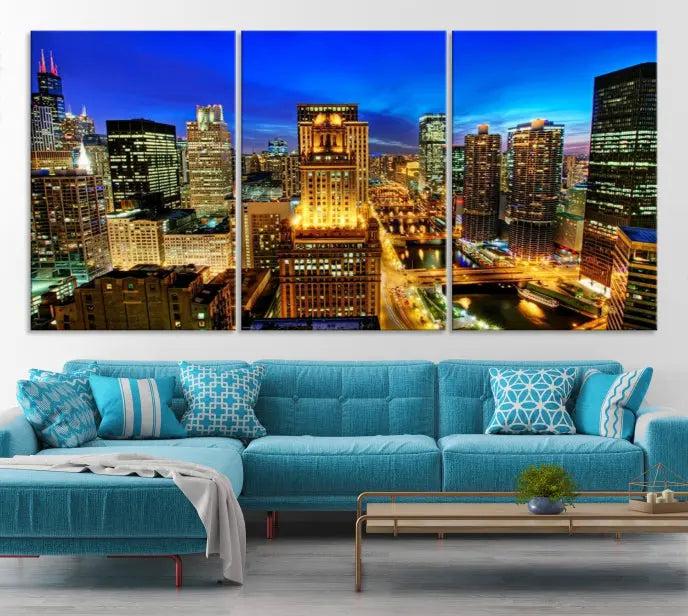 The "Chicago Wall Art Canvas Print Chicago City Night Canvas Print," a triptych showcasing a vibrant city skyline at night, adorns the wall. Crafted on museum-quality canvas, this piece is ready to hang and features a UV-protective coating for lasting brilliance.