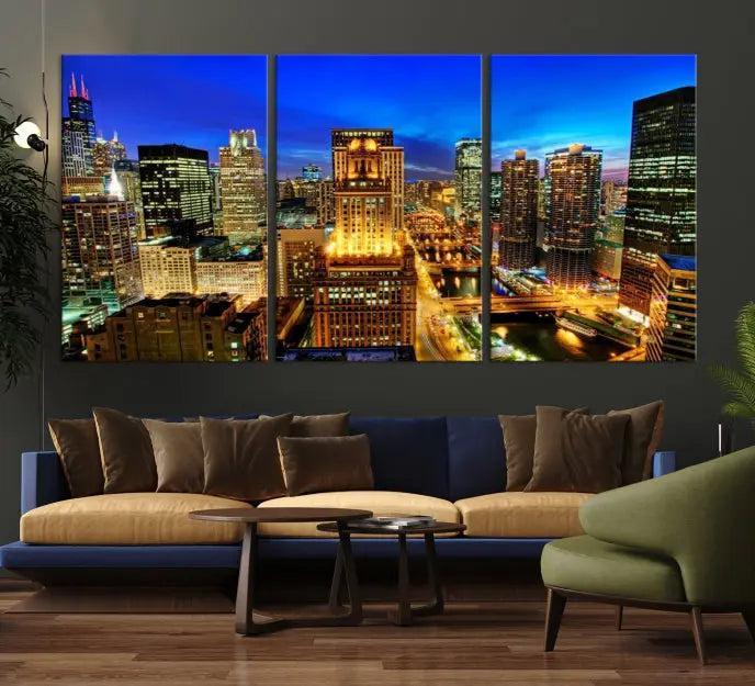 The "Chicago Wall Art Canvas Print Chicago City Night Canvas Print," a triptych showcasing a vibrant city skyline at night, adorns the wall. Crafted on museum-quality canvas, this piece is ready to hang and features a UV-protective coating for lasting brilliance.