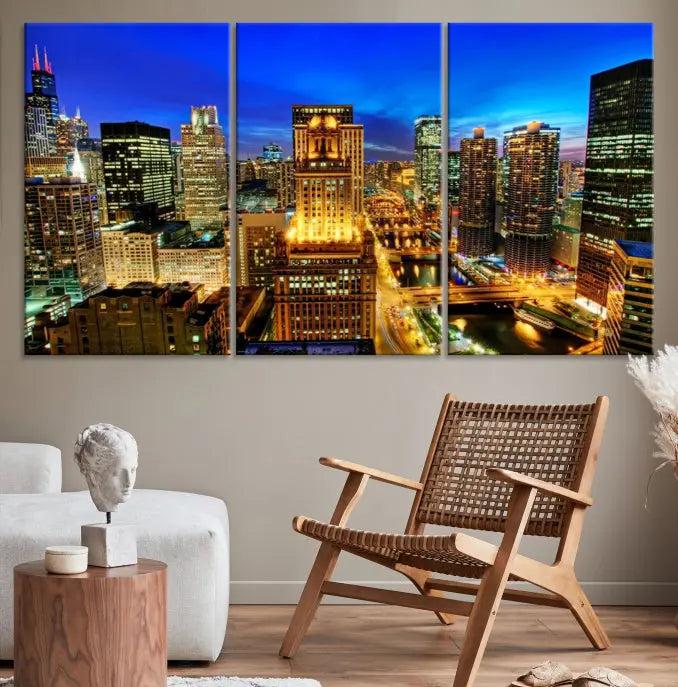 The "Chicago Wall Art Canvas Print Chicago City Night Canvas Print," a triptych showcasing a vibrant city skyline at night, adorns the wall. Crafted on museum-quality canvas, this piece is ready to hang and features a UV-protective coating for lasting brilliance.