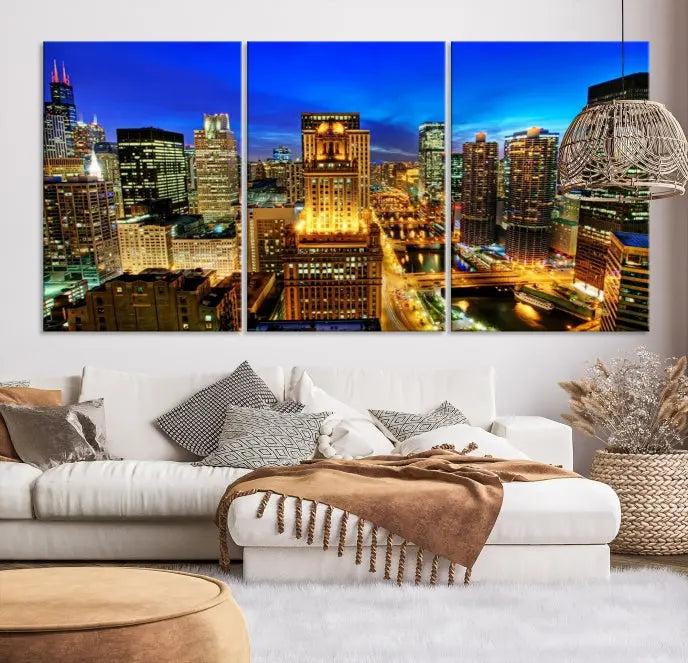 The "Chicago Wall Art Canvas Print Chicago City Night Canvas Print," a triptych showcasing a vibrant city skyline at night, adorns the wall. Crafted on museum-quality canvas, this piece is ready to hang and features a UV-protective coating for lasting brilliance.