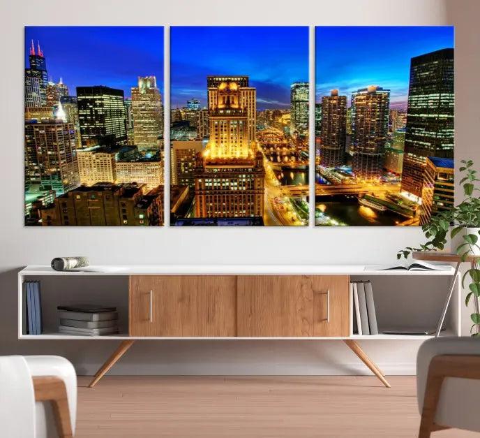 The "Chicago Wall Art Canvas Print Chicago City Night Canvas Print," a triptych showcasing a vibrant city skyline at night, adorns the wall. Crafted on museum-quality canvas, this piece is ready to hang and features a UV-protective coating for lasting brilliance.