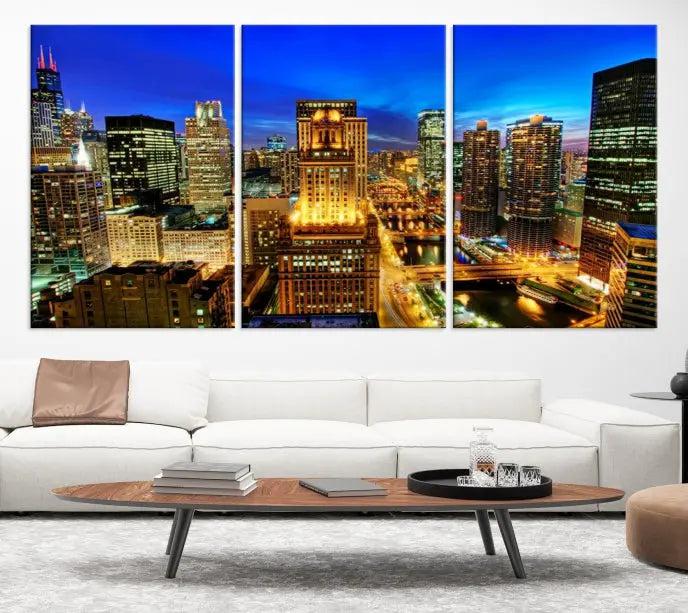 The "Chicago Wall Art Canvas Print Chicago City Night Canvas Print," a triptych showcasing a vibrant city skyline at night, adorns the wall. Crafted on museum-quality canvas, this piece is ready to hang and features a UV-protective coating for lasting brilliance.