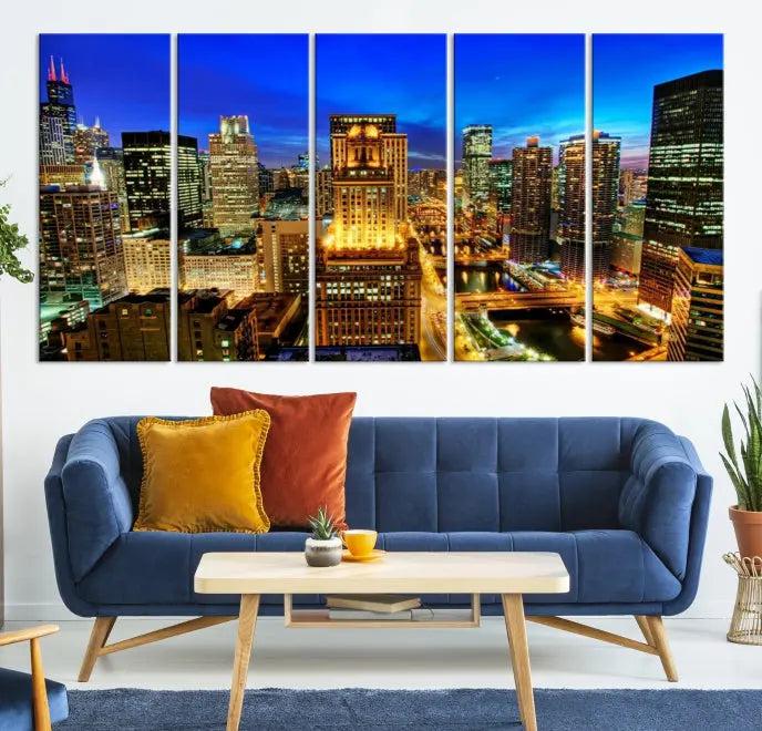 The "Chicago Wall Art Canvas Print Chicago City Night Canvas Print," a triptych showcasing a vibrant city skyline at night, adorns the wall. Crafted on museum-quality canvas, this piece is ready to hang and features a UV-protective coating for lasting brilliance.