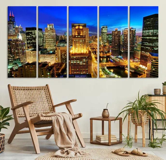 The "Chicago Wall Art Canvas Print Chicago City Night Canvas Print," a triptych showcasing a vibrant city skyline at night, adorns the wall. Crafted on museum-quality canvas, this piece is ready to hang and features a UV-protective coating for lasting brilliance.