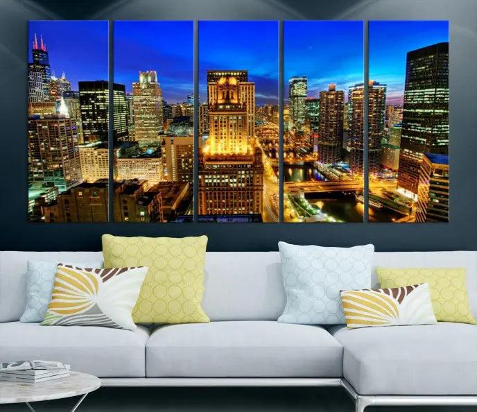 The "Chicago Wall Art Canvas Print Chicago City Night Canvas Print," a triptych showcasing a vibrant city skyline at night, adorns the wall. Crafted on museum-quality canvas, this piece is ready to hang and features a UV-protective coating for lasting brilliance.