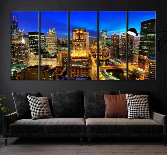 The "Chicago Wall Art Canvas Print Chicago City Night Canvas Print," a triptych showcasing a vibrant city skyline at night, adorns the wall. Crafted on museum-quality canvas, this piece is ready to hang and features a UV-protective coating for lasting brilliance.