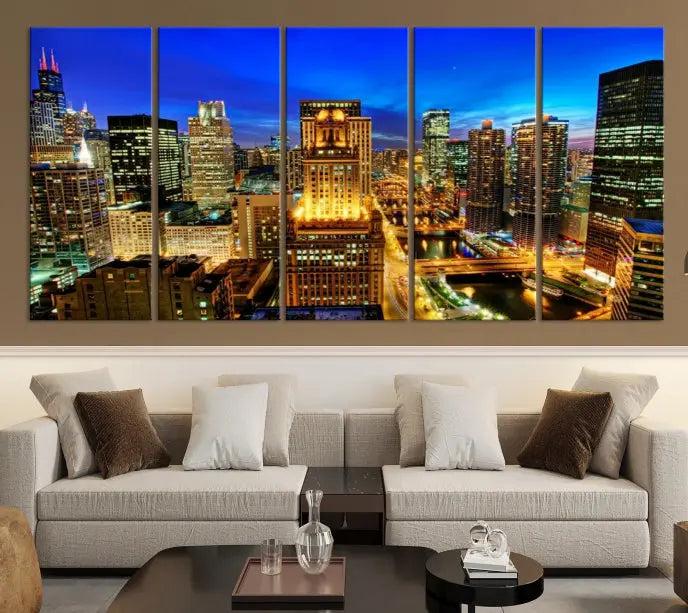 The "Chicago Wall Art Canvas Print Chicago City Night Canvas Print," a triptych showcasing a vibrant city skyline at night, adorns the wall. Crafted on museum-quality canvas, this piece is ready to hang and features a UV-protective coating for lasting brilliance.