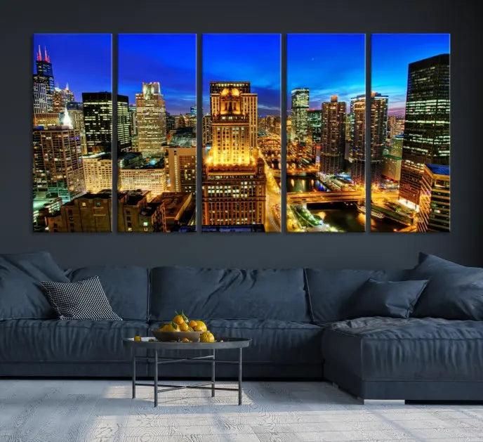 The "Chicago Wall Art Canvas Print Chicago City Night Canvas Print," a triptych showcasing a vibrant city skyline at night, adorns the wall. Crafted on museum-quality canvas, this piece is ready to hang and features a UV-protective coating for lasting brilliance.