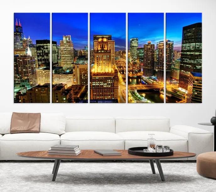 The "Chicago Wall Art Canvas Print Chicago City Night Canvas Print," a triptych showcasing a vibrant city skyline at night, adorns the wall. Crafted on museum-quality canvas, this piece is ready to hang and features a UV-protective coating for lasting brilliance.