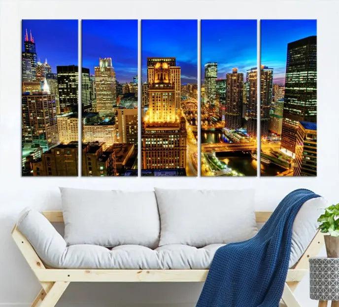 The "Chicago Wall Art Canvas Print Chicago City Night Canvas Print," a triptych showcasing a vibrant city skyline at night, adorns the wall. Crafted on museum-quality canvas, this piece is ready to hang and features a UV-protective coating for lasting brilliance.