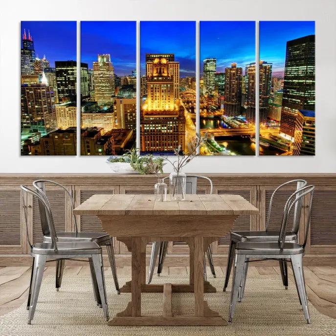 The "Chicago Wall Art Canvas Print Chicago City Night Canvas Print," a triptych showcasing a vibrant city skyline at night, adorns the wall. Crafted on museum-quality canvas, this piece is ready to hang and features a UV-protective coating for lasting brilliance.