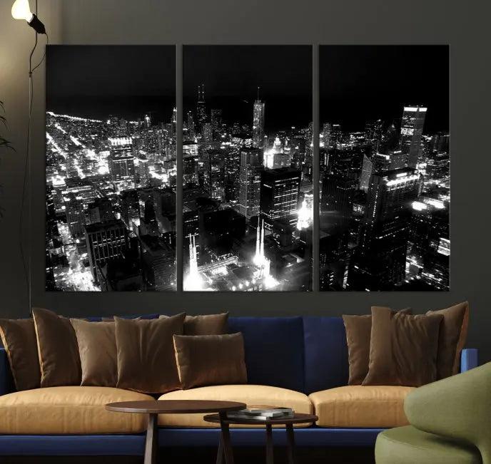 Introduce a touch of sophistication to your living room with the "Chicago Wall Art Canvas Print" showcasing a black and white cityscape on museum-quality canvas. This artwork, featuring a UV-protective coating for long-lasting beauty, is a stunning addition to any space. Enjoy free shipping on this Chicago City Night Canvas Print.