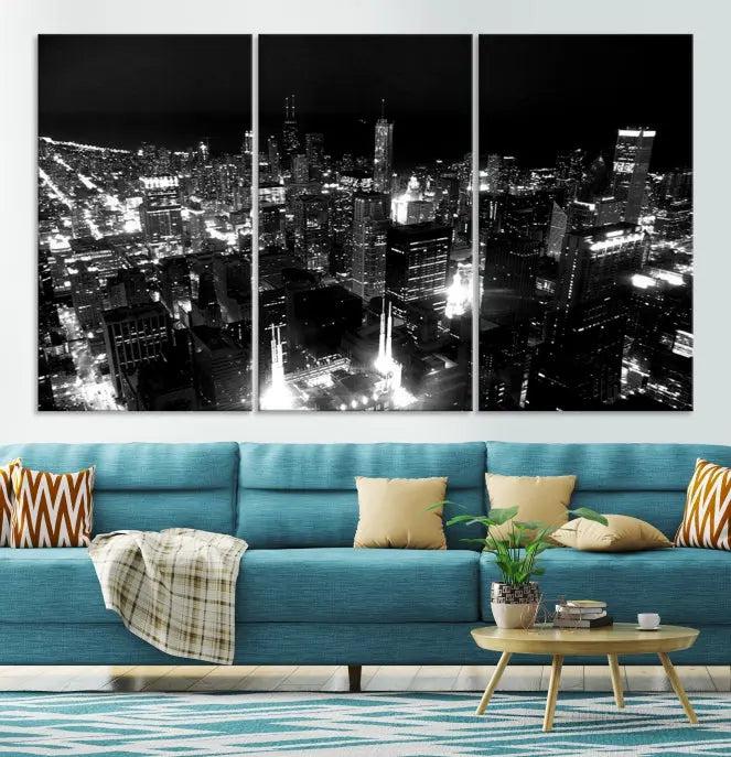 Introduce a touch of sophistication to your living room with the "Chicago Wall Art Canvas Print" showcasing a black and white cityscape on museum-quality canvas. This artwork, featuring a UV-protective coating for long-lasting beauty, is a stunning addition to any space. Enjoy free shipping on this Chicago City Night Canvas Print.