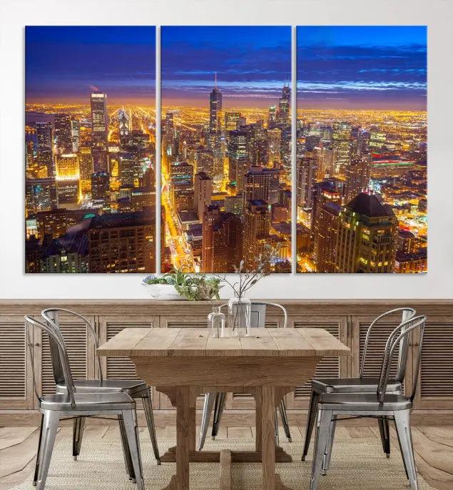 The "Chicago Wall Art Canvas Print Chicago City Night Canvas Print" adorns the wall, presenting a stunning cityscape that captures Chicago's skyline at dusk in exquisite, museum-quality detail.