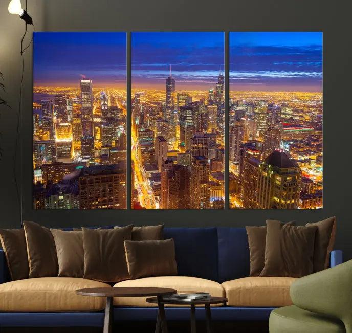 The "Chicago Wall Art Canvas Print Chicago City Night Canvas Print" adorns the wall, presenting a stunning cityscape that captures Chicago's skyline at dusk in exquisite, museum-quality detail.