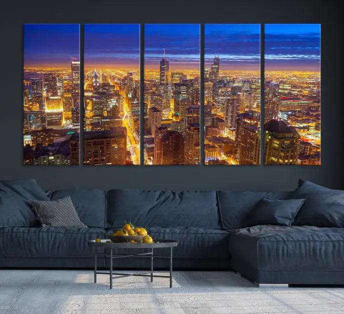 The "Chicago Wall Art Canvas Print Chicago City Night Canvas Print" adorns the wall, presenting a stunning cityscape that captures Chicago's skyline at dusk in exquisite, museum-quality detail.