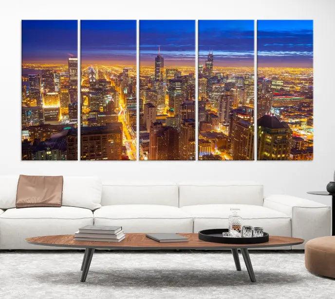 The "Chicago Wall Art Canvas Print Chicago City Night Canvas Print" adorns the wall, presenting a stunning cityscape that captures Chicago's skyline at dusk in exquisite, museum-quality detail.