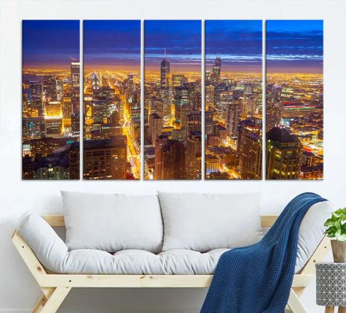 The "Chicago Wall Art Canvas Print Chicago City Night Canvas Print" adorns the wall, presenting a stunning cityscape that captures Chicago's skyline at dusk in exquisite, museum-quality detail.