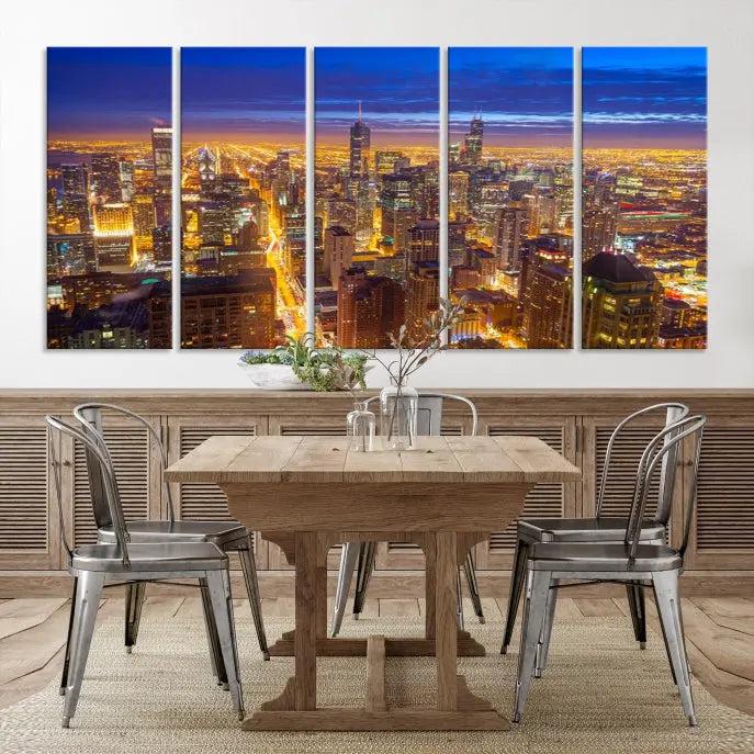 The "Chicago Wall Art Canvas Print Chicago City Night Canvas Print" adorns the wall, presenting a stunning cityscape that captures Chicago's skyline at dusk in exquisite, museum-quality detail.