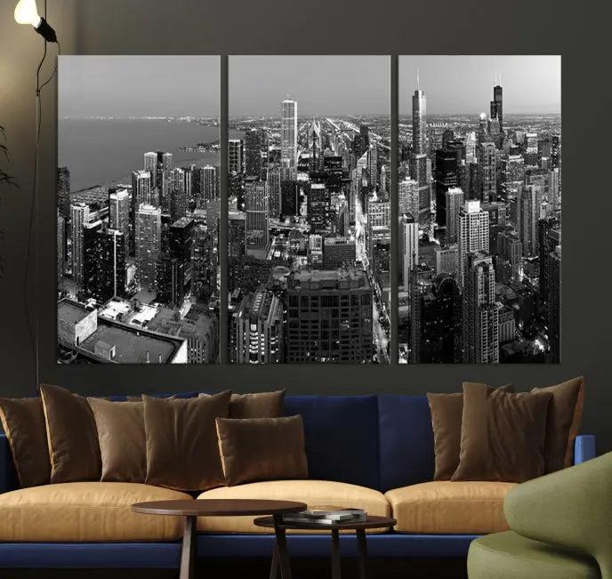 A set of Chicago Wall Art Canvas Print panels, depicting the city skyline at night in black and white, is crafted on museum-quality canvases with a satin varnish for an elegant finish.