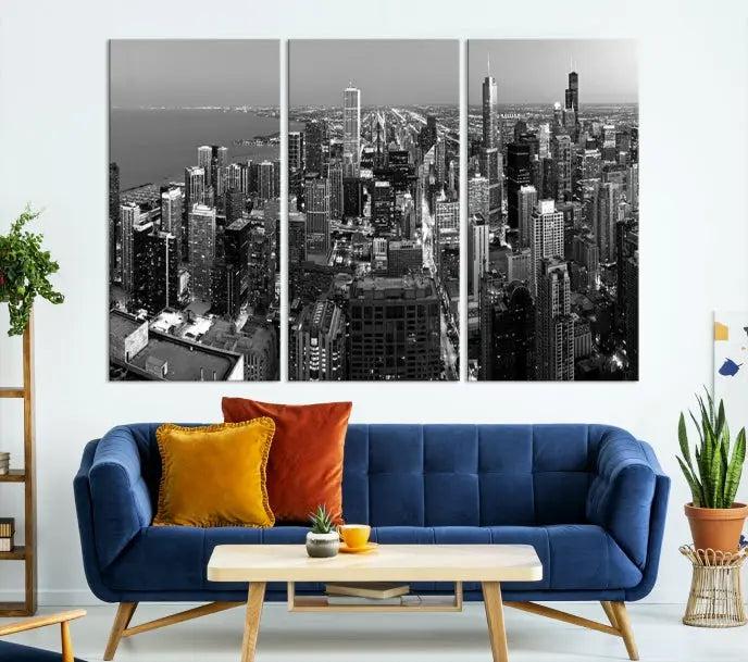 A set of Chicago Wall Art Canvas Print panels, depicting the city skyline at night in black and white, is crafted on museum-quality canvases with a satin varnish for an elegant finish.