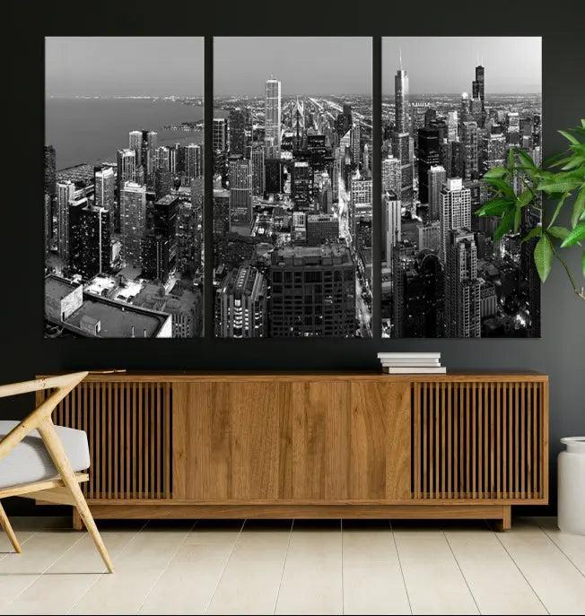 A set of Chicago Wall Art Canvas Print panels, depicting the city skyline at night in black and white, is crafted on museum-quality canvases with a satin varnish for an elegant finish.