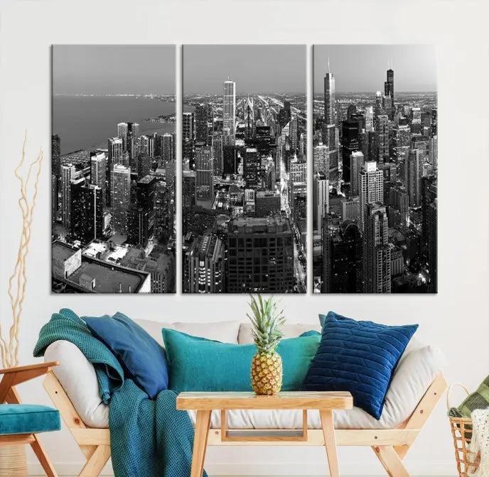 A set of Chicago Wall Art Canvas Print panels, depicting the city skyline at night in black and white, is crafted on museum-quality canvases with a satin varnish for an elegant finish.