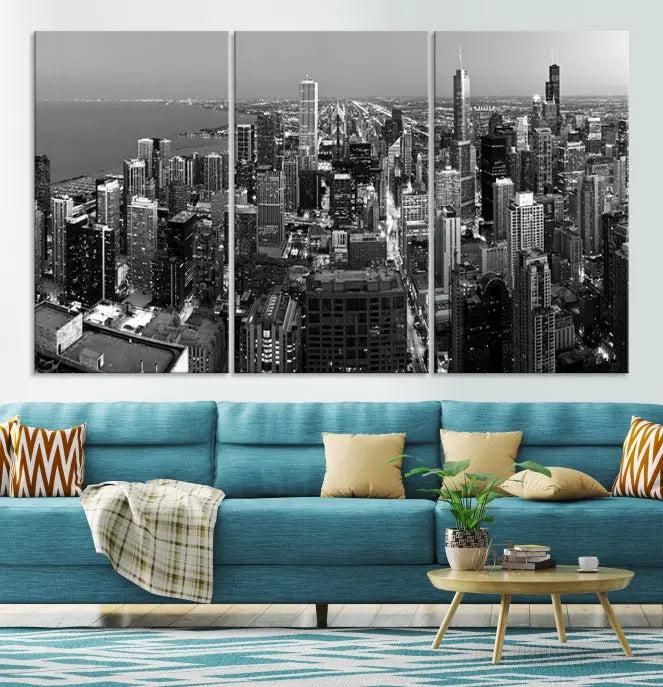 A set of Chicago Wall Art Canvas Print panels, depicting the city skyline at night in black and white, is crafted on museum-quality canvases with a satin varnish for an elegant finish.