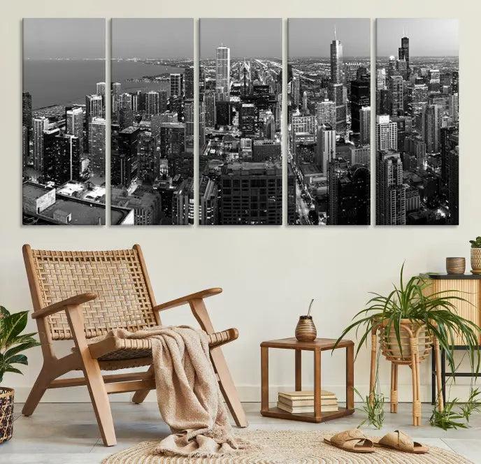 A set of Chicago Wall Art Canvas Print panels, depicting the city skyline at night in black and white, is crafted on museum-quality canvases with a satin varnish for an elegant finish.