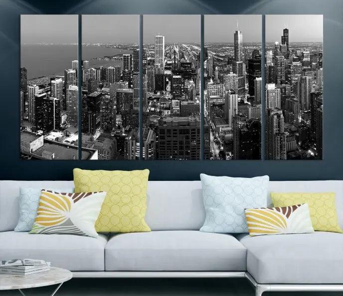 A set of Chicago Wall Art Canvas Print panels, depicting the city skyline at night in black and white, is crafted on museum-quality canvases with a satin varnish for an elegant finish.